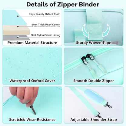 3 Inch D-Ring Zipper Binder Bag, 700 Sheet Capacity Multi-Pockets Organizer, 13 Inch Laptop Carrying Case with Bottle Holder& Shoulder Strap for School Office (Blue) - color: Ocean Blue