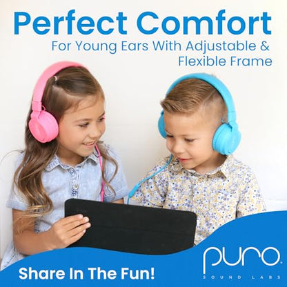 Puro Sound Labs Kids Wired Headphones – Volume-Limiting & Adjustable, Safer & Comfortable Headphones for Kids – Compatible with PCs, Smartphones & Tablets, Ideal for School & Travel – PuroBasic, Blue - color: Blue