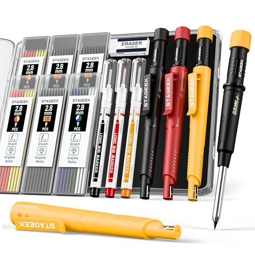 STAGEEK 3 Pack Carpenter Pencils with Sharpener, Mechanical Carpenter Pencils with 57 Refills, Construction Pencil Heavy Duty Woodworking Tools, Deep Hole Long Nib Marker Pens for Architect Marking - color: Red/Black/Yellow