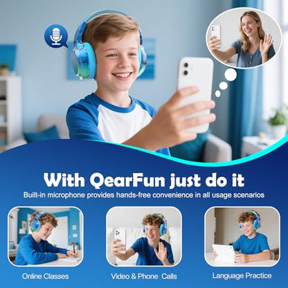 QearFun Kids Bluetooth Headphones, 60H Playtime, 74/85/94dB Safe Volume Limit, Metallic Gradient Wireless Headset with HD Mic, Fast Charging, Foldable, Wired 3.5mm Mode for School/Tablet/Travel - color: Blue