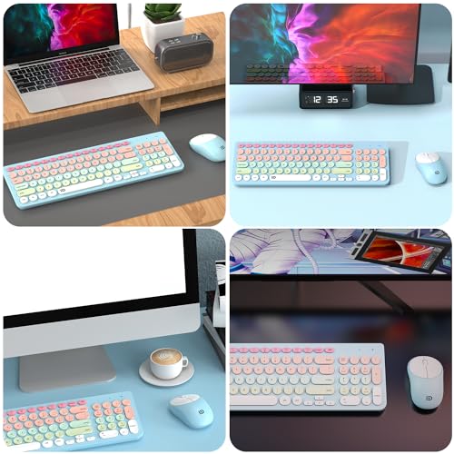Wireless Keyboard and Mouse Combo, 2.4GHz Colorful Cute Round Keycaps Keyboard for Office Computer PC Desktops Laptop (96 Keys Light Blue) - color: 96 Keys Light Blue