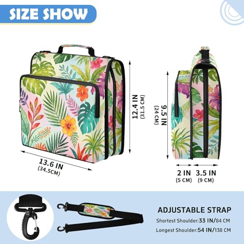 Abstract Tropical Leaves Zipper Binder with 2 Inch D-Rings Expandable File Portfolio with Shoulder Strap, Waterproof Nylon Organizer for 14" Laptop for Work College Travel