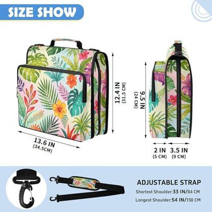 Abstract Tropical Leaves Zipper Binder with 2 Inch D-Rings Expandable File Portfolio with Shoulder Strap, Waterproof Nylon Organizer for 14" Laptop for Work College Travel