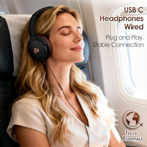 USB C Headphones Wired Headphones Over Ear with HD Mic,Brown Headphones/Lightweight/Foldable/Adjustable for iPad/School/Travel/iPhone 17/16/15, Samsung S25/S24, Back-to-School Season, Teen Gifts - color: Brown