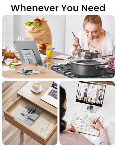 TIGRIS 360° Rotating Tablet Stand for iPad, Adjustable Foldable Metal Desk Stand, Stable Portable Tablet Holder for Office, Kitchen, Video Calls, Compatible with iPad Pro/Air/Mini, Kindle, Surface