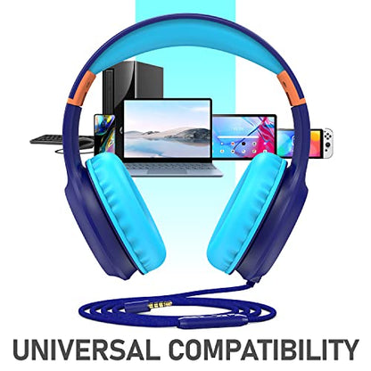 FosPower Kids Headphones with 3.5mm Laced Cables, Children & Teens Over The Ear Foldable Adjustable Headset w/Built-in Mic for Smartphones/PC/Tablet/Laptop/School (Max Volume 85dB) - Blue - color: 06 - Blue