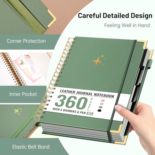 FLYING EAGLE Leather Spiral Notebooks for Work 5 Subject Notebook College Ruled with Dividers Pen, 360 Pages B5 Hardcover Lined Journals for Women Men Writing,Green - color: A.green
