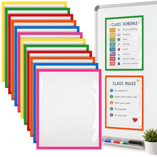 12 Pcs Classroom Magnetic Pockets 11 x 8.5 Inch Clear Whiteboard Magnetic Pouch Wall File Organizer Magnet Paper Holder for Classroom Whiteboard Refrigerator Office Supplies(Colorful) - color: Colorful