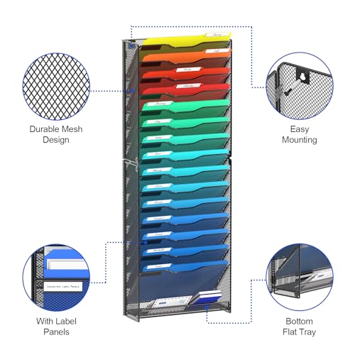 samstar 2 Pack 16 Tier Wall File Organizer Hanging Wall File Holder Wall Mount Paper Folder Organizer, Magazine Rack, Pack of 2 - color: Black 16 Tier 2 Pack