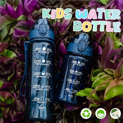 OLDLEY 12oz Kids Water Bottle, Tritan BPA-Free, Leakproof Flip Straw Lid, Motivational Time Marker, Carry Strap, Reusable Clear Water Bottle for Boys & Girls,Slate Blue - color: Slate Blue, style: 12 Ounces