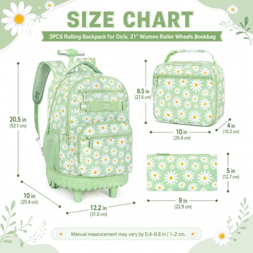 gxtvo Wheeled Backpack for Girls, Women Rolling Bookbag with Lunch Box for Adults, Water Resistant Roller School Bag for College Teens Kids Travel - Flower Cyan - color: Rolling Backpack Chrysanthemum Green