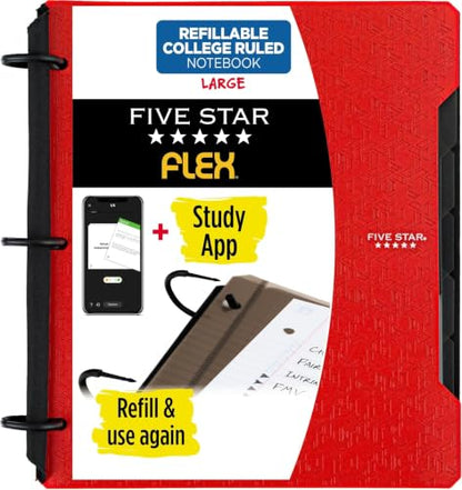 Five Star Flex Refillable Notebook + Study App,College Ruled Paper and 1 Inch TechLock Ring Binder with Pockets,Tabs and Dividers,200 Sheet Capacity,Fire Red (29328AB2),(Pack of 6) - color: Red, size: 1 Count (Pack of 6)