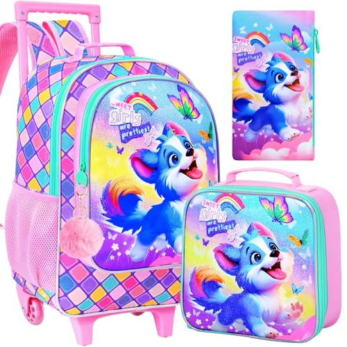 KLFVB Girls Bookbag with Wheels, 3PCS Kids Roller Backpack with Lunch Bag, Wheeled School Bag for Children - Dog - color: Upgraded UV Printing Dog Pink Rolling Backpack