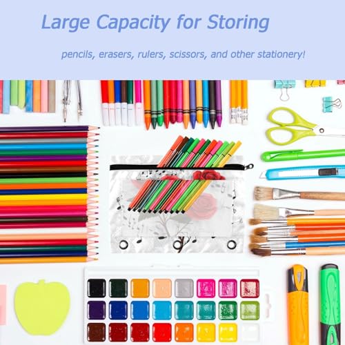 Studying 2 Pack Art Music Notes Red Rose Flowers 3 Ring Binder Pencil Pouch Bags,Clear Window Zipper Storage Case for Boys Girls School Office Supplies Cosmetics Organizers - color: Multi-rose