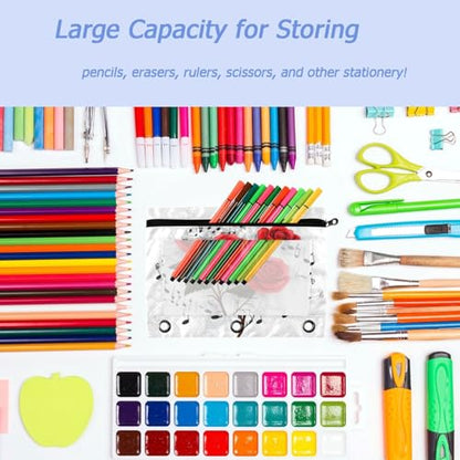 Studying 2 Pack Art Music Notes Red Rose Flowers 3 Ring Binder Pencil Pouch Bags,Clear Window Zipper Storage Case for Boys Girls School Office Supplies Cosmetics Organizers - color: Multi-rose