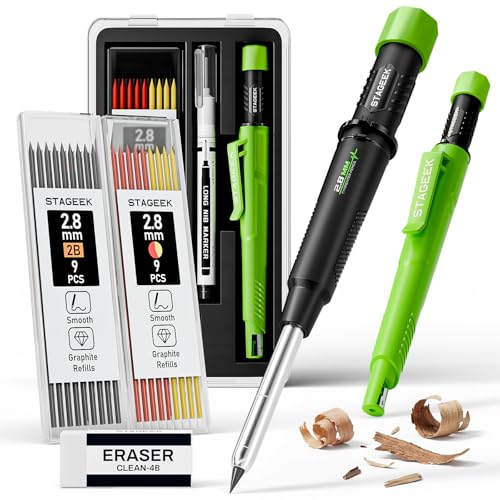 STAGEEK Carpenter Pencil with Sharpener, Mechanical Carpenter Pencils with 19 Refills, Construction Pencil Heavy Duty Woodworking Tools, Deep Hole Long Nib Marker Pens for Architect Marking (Green) - color: Green