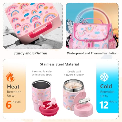 Pawtong Lunch Box Set with Bento Box Container, 17OZ Stainless Steel Food Soup Thermo, Kids Water Bottle & Portable Insulated Lunch Bag – Leakproof, Hot/Cold Retention for School, Travel(Pink-Rainbow) - color: Pink-Rainbow