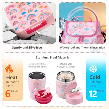 Pawtong Lunch Box Set with Bento Box Container, 17OZ Stainless Steel Food Soup Thermo, Kids Water Bottle & Portable Insulated Lunch Bag – Leakproof, Hot/Cold Retention for School, Travel(Pink-Rainbow) - color: Pink-Rainbow
