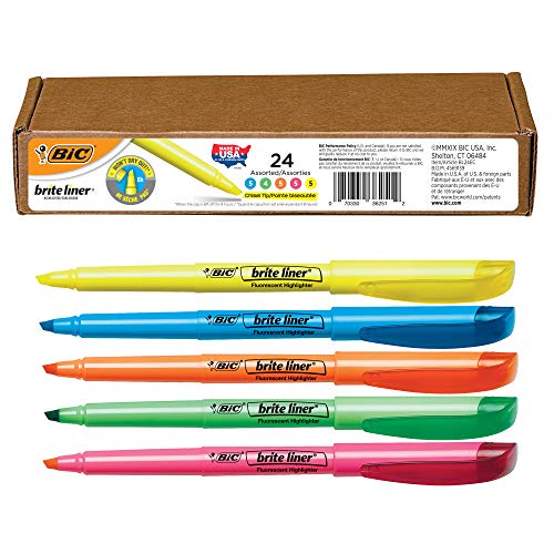 BIC Brite Liner Highlighters Markers, Chisel Tip For Broad Highlighting & Fine Underlining, Assorted Colored Highlighters, 24-Count Pack - color: Assorted (New), size: 1 Count (Pack of 24)
