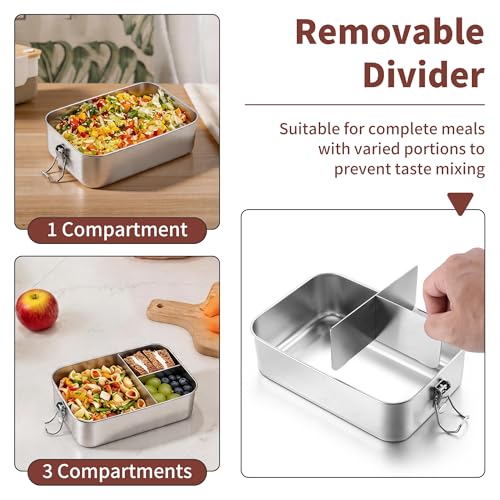 TeamFar 2 Pack Stainless Steel Bento Box, 28 & 47oz Metal Lunch Box | 3 Compartments for Adults/Kids, Lunch Food Containers for School/Work/Meal Prep, Leak-Proof & Dishwasher Safe, 850ML+1400ML - size: 850ML+1400ML