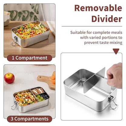 TeamFar 2 Pack Stainless Steel Bento Box, 28 & 47oz Metal Lunch Box | 3 Compartments for Adults/Kids, Lunch Food Containers for School/Work/Meal Prep, Leak-Proof & Dishwasher Safe, 850ML+1400ML - size: 850ML+1400ML