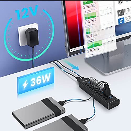 Powered USB Hub, Rosonway Aluminum 10 Port USB 3.0 Data Hub with 36W (12V/3A) Power Adapter and Individual On/Off Switches USB Splitter(RSH-A10) - size: 10-Port Powered USB Hub