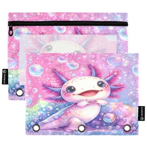Gredecor 3 Ring Binder Pencil Pouch, Cute Axolotl Pink Bubbles Zippered Pen Case Pouches with Clear Window, 2 Pack Stylish Office & School Supplie - color: Cute Axolotl Pink Bubbles