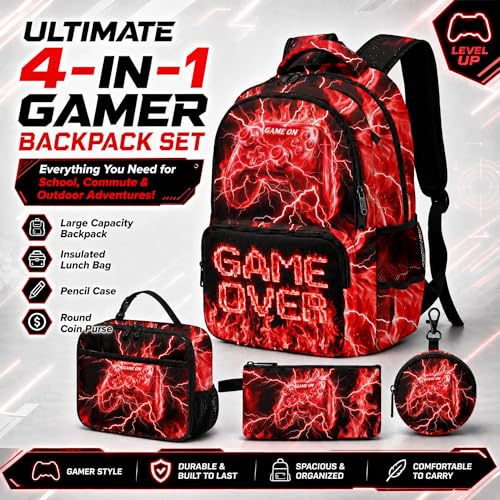 Game Backpack Set for Boys Kids – 17" Large Capacity Gaming School Bag with Lunch Box, Pencil Bag and Coin Purse (Red) - color: Red-1