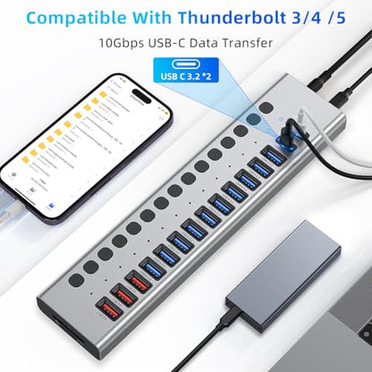 VANGREE Powered USB Hub 10Gbps, 17 Ports USB 3.2 Hub, 96W Power Adapter | 10 USB-A 3.2, 3 QC 24W Fast Charging, 2 USB-C 3.2, SD/TF, 12V/8A Power Adapter for Laptop, PC, Computer, HDD, Flash Drive - color: Silver