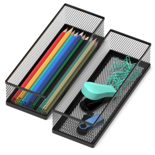 2 Pack Drawer Organizer for Desk, Small Office Supplies Pen Pencil holder, Metal Mesh Desktop Storage Trays for Office, Kitchen, Makeup, Vanity - color: 2 PCS