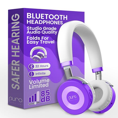 Puro Sound Labs JuniorJam Plus Volume-Limiting Wireless Bluetooth Headphones for Kids, Secure Audio with Adjustable On-Ear Design, 22-Hour Battery Life, Ideal for Tablets, Smartphones & PCs - Purple - color: Purple
