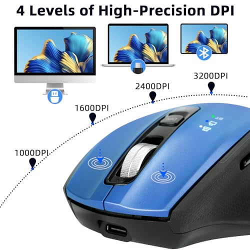 Wireless Bluetooth Mouse with USB-A, USB-C Receiver, Rechargeable, 3-Device, Full-Size, Silent Click, Ergonomic Mice for MacBook/Laptop/Computer/Tablet/PC/iPad-Blue - color: Blue