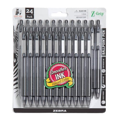 Zebra Pen Z-Grip Retractable Ballpoint Pen, Smooth-Flowing Black Ink, 1.0mm Medium Point, School & Office Supplies, Ideal for Note-Taking, Journal and Planner Use, 24-Pack (12221) - color: Black G