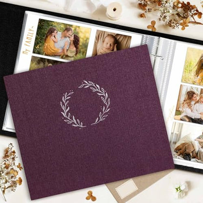Lanpn Photo Album Scrapbook 12x12, Linen Cover Wreath Design Top Load 3 Ring Folder Binder Photobook Photo Book 12 x 12 inch with 30 Plastic Sleeves 60 Pages Purple - color: Purple, size: 12x12"