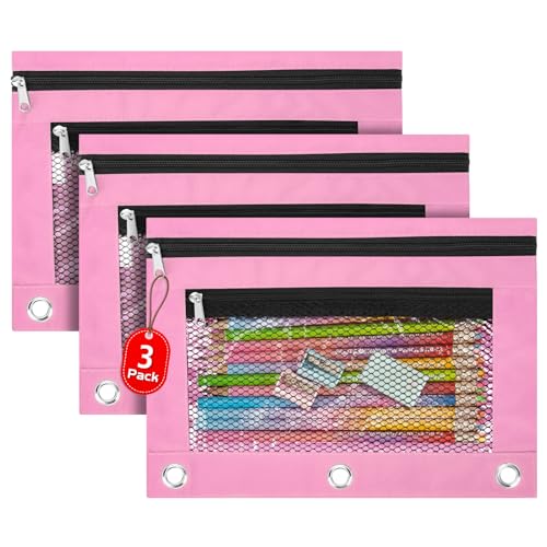 3 Pack Pencil Pouch for 3 Ring Binder Bulk Binder Pencil Pouch with Zipper, Pencil Pouch Bags for Classroom Box Pencil Case for Storing School Students Teacher Supplies, Pink - color: Pink