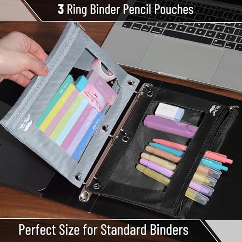 Mr. Pen- Pencil Pouch for 3 Ring Binder, 2 Pack, 10"x6.75", Smooth Zipper | Clear Window, Large Capacity Pencil Case with 3 Reinforced Grommets for School, Office, Supplies Storage | Clear Window, Large Capacity Pencil Case with 3 Reinforced Grommets for