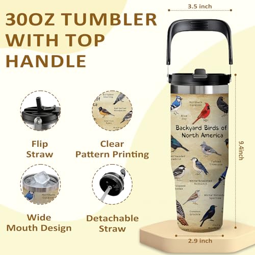Bird Tumbler Cup with Handle 30 oz with Lid and Straw, Leak-proof Insulated Stainless Steel Coffee Tumbler with Bird Illustration Pattern and Species Names, Gift for Birds Watcher Nature Lover - color: Bird, size: 30 Ounces