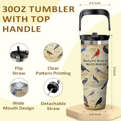 Bird Tumbler Cup with Handle 30 oz with Lid and Straw, Leak-proof Insulated Stainless Steel Coffee Tumbler with Bird Illustration Pattern and Species Names, Gift for Birds Watcher Nature Lover - color: Bird, size: 30 Ounces