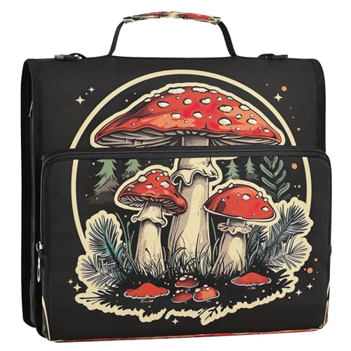3 Ring Zipper Binder Red Mushroom Binder Organizer Portfolio with File and Shoulder Strap & Handle Large Capacity File Folder - color: Mushroom