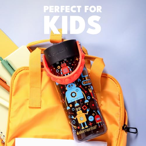 Elemental Water Bottles for Kids - Splash Kids Water Bottle for School with Pop-it Handle - BPA Free Tritan Plastic Water Bottle with Straw Leak Proof when Spout is Closed - Blue Robot - 18oz - color: Blue Robot