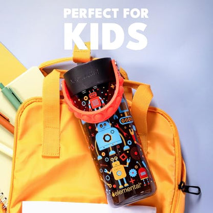 Elemental Water Bottles for Kids - Splash Kids Water Bottle for School with Pop-it Handle - BPA Free Tritan Plastic Water Bottle with Straw Leak Proof when Spout is Closed - Blue Robot - 18oz - color: Blue Robot