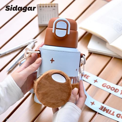 SDGA+ Kids Insulated Water Bottle with Shoulder Strap - 22 oz Kawaii Stainless Steel Tumbler with 3D Fuzzy Charm, Leak-Proof Flip Top & Vacuum Flask for School, Travel, BPA Free, Brown - color: Brown