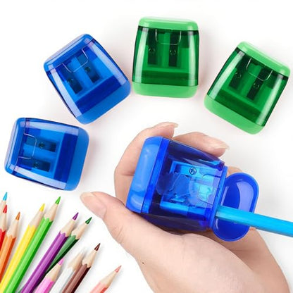 4PCS Dual Hole Pencil Sharpener Set with Container, Portable Manual Sharpeners for School Office Desk and Home Study Accessories(Blue,Green,F) - color: Blue,green
