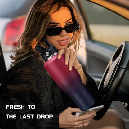 40 oz Insulated Water Bottle with Straw and Spout Lid, Stainless Steel Water Bottle Fits in Cup Holders, Double Wall Metal Flask Large Water Cup for Drive Trip Gym - color: Rose&Purple, size: 40 Ounces