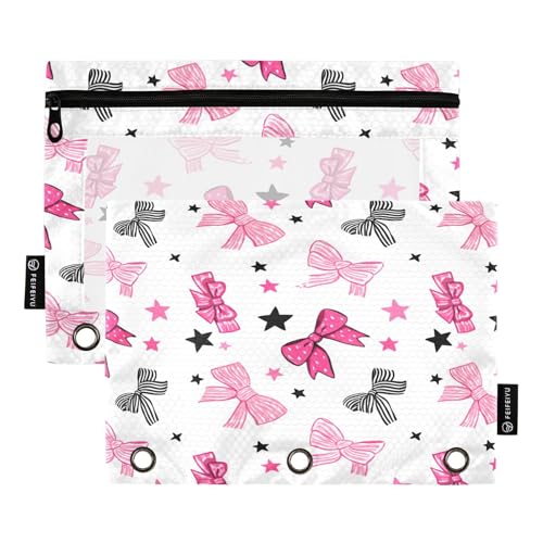 Bow Star White Pencil Pouch for 3 Ring Binder Pencil Pouches with Zippers Clear Window Binder Pockets Pencil Bags for Work Office Daily 2 Packs - color: Multicolored-bow Star White