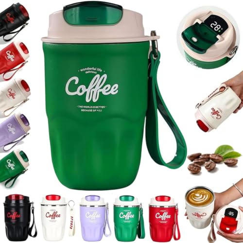 Coffee Vacuum Flask, Portable Coffee Cup with Lid & Handle,Stainless Steel Insulated Water Bottle,Travel Coffee Mug for Hot and Cold Drinks for Home, Office, Outdoor Travel, LED Temperature Display - color: Green