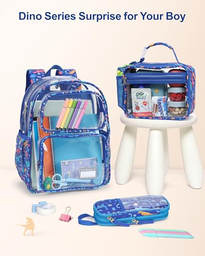 Bagseri Clear Kids Lunch Bag - School Snack Bag with Bottle Holder | Side Pocket, Buckle Handle, Wide Opening, PEVA Lining, School Boys Lunch Box, Clear Toy Bags, Blue Dinosaur - color: A-blue dinosaur