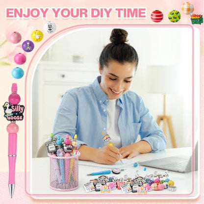 Geyee 12 Set Funny Beadable Pens Making Kit, Beaded Pens with Funny Silicone Focal Beads, Wood and Crystal Spacer Beads Black Ink Ballpoint Pen Kit for DIY Women Coworker Gift School Office Supplies - color: Multicolor, style: Funny