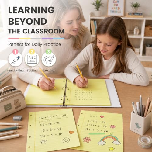 HIBOX Loose Leaf Paper Wide Ruled, 100 Sheets 8"x10.5" 3-Hole Punch, Yellow | Anti-Bleed, 11/32" Spacing, Filler Paper for Binders, College, Office, School Supplies, Back to School & Classroom Must Haves - color: Yellow