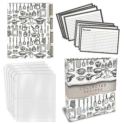 Better Kitchen Products Recipe Binder, 8.5" x 9.5" 3 Ring Binder Organizer Set (with 50 Page Protectors, 100 4" x 6" Recipe Cards & 12 Category Divider Tabs) Sleek Kitchen Design